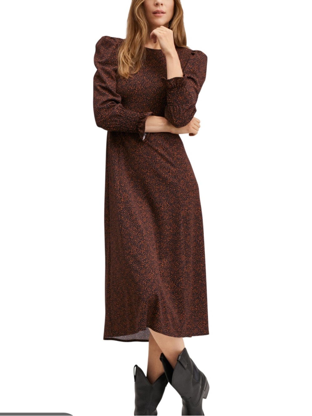 Mango Brown Speckled Midi Dress with Puff Sleeves